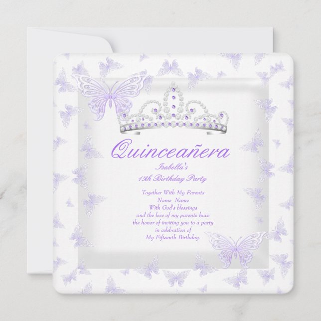 Vacker lila Quinceanera-festtiara fjäril Inbjudningar (Framsida)