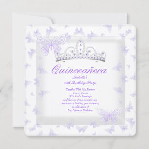 Vacker lila Quinceanera-festtiara fjäril Inbjudningar