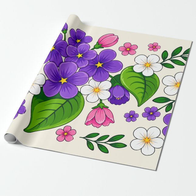 Vacker lila, rosa och vit blomsterdesign presentpapper (Utrullad)