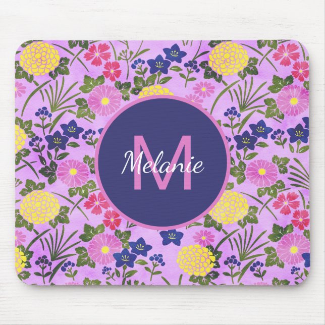Vacker lila vintage blommönster monogram musmatta (Framsidan)