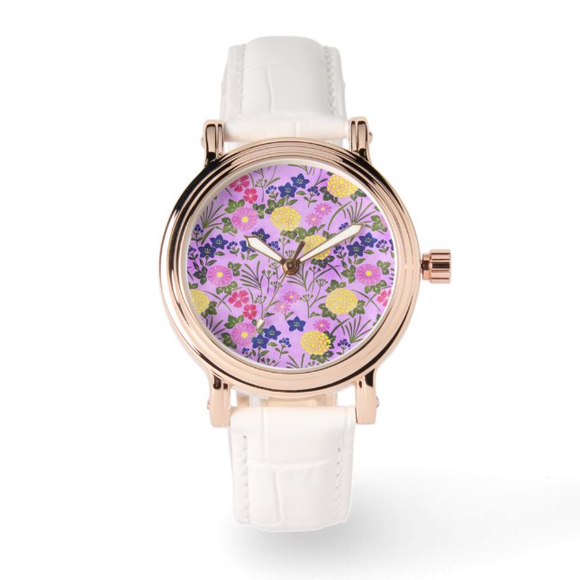 Vacker lila vintageblommönster armbandsur (Framsida)