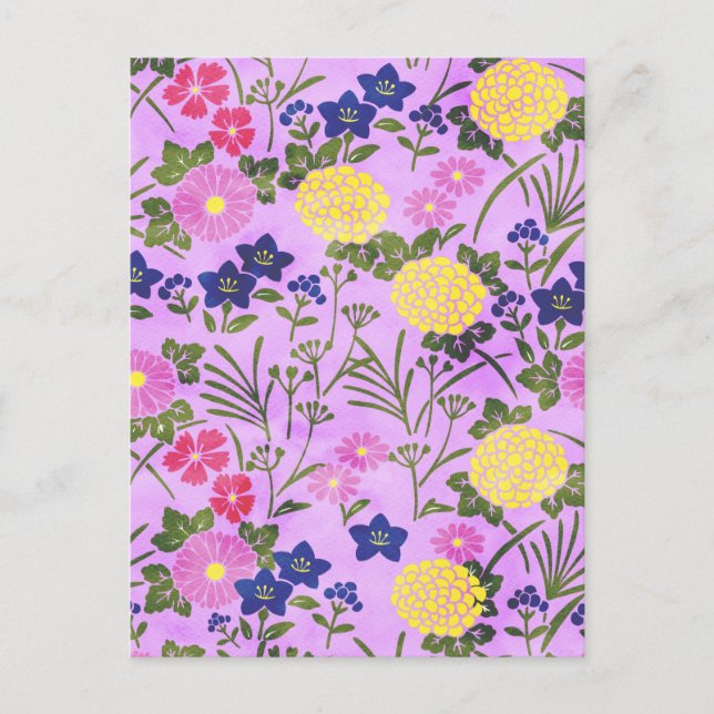 Vacker lila vintageblommönster vykort (Framsida)
