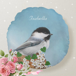 Vacker liten fågel & blommor Personlig Rund Kudde