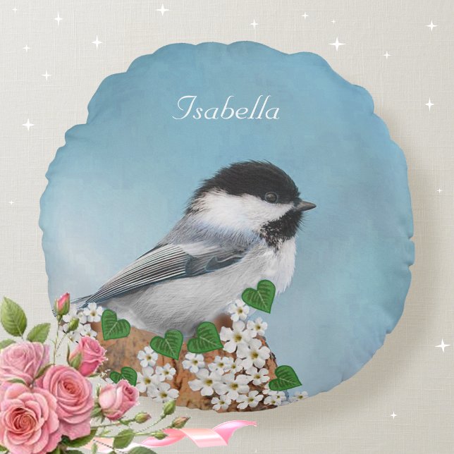 Vacker liten fågel & blommor Personlig Rund Kudde (Skapare uppladdad)