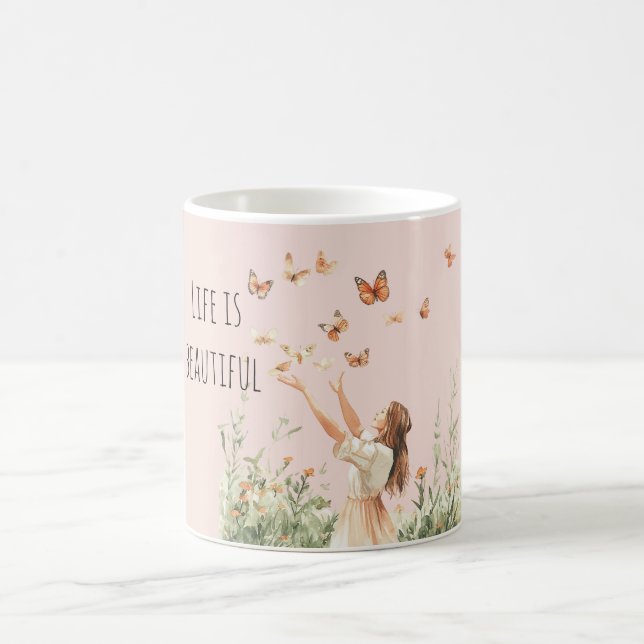 Vacker Liv Fersken Fjärilar Kaffemugg (Center)