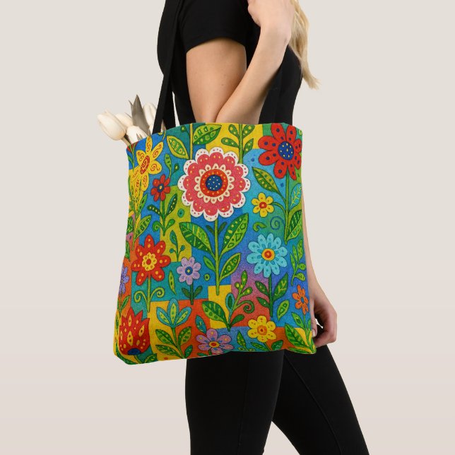 Vacker Ljusfullt Whimsical Blommor Handväskskasse Tygkasse (Närbild)