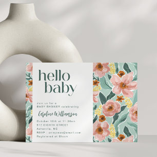 Vacker ljusgrön rosa blommig Hej Bebis Baby Shower Inbjudningar