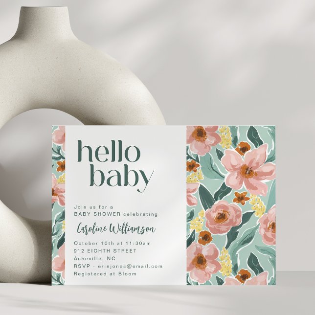 Vacker ljusgrön rosa blommig Hej Bebis Baby Shower Inbjudningar (Skapare uppladdad)