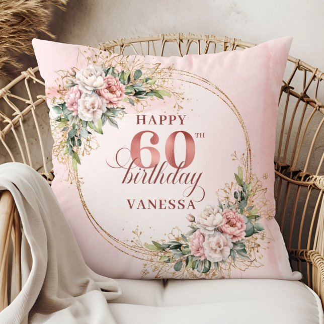 Vacker ljusrosa boho blomsterpresent 60-årsdag kudde (Precious Light Pink Boho Floral Gift 60th birthday pillow)