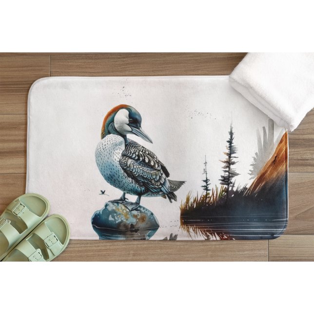 vacker loon på sten i vattenfärg badrumsmatta (Skapare uppladdad)