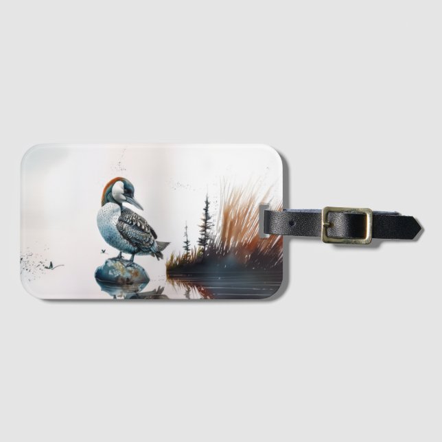 vacker loon på sten i vattenfärg bagagebricka (Framsida horisontal)