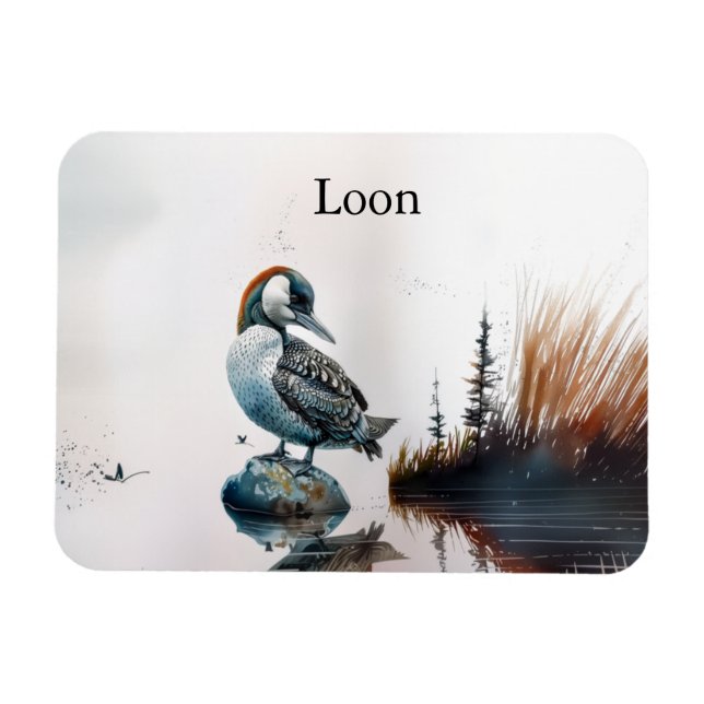 vacker loon på sten i vattenfärg magnet (Horisontell)