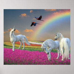 Vacker Magisk Enhörning Regnbåge Blomma Landskap Poster