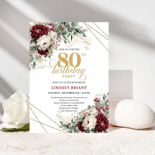 Vacker Marsala Blommig Eukalyptus Guld 80 Födelsed Inbjudningar (Lovely Marsala Floral Eucalyptus Gold 80th Birthday Invite

)