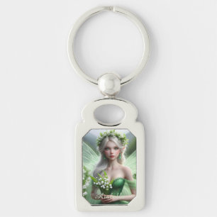 Vacker May Fairy i Lilies of the Valley Rektangulärt Silverfärgad Nyckelring