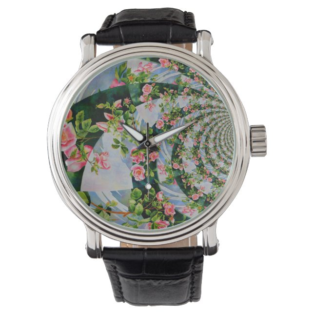 Vacker med rosa röd ros blommigt armbandsur (Framsida)