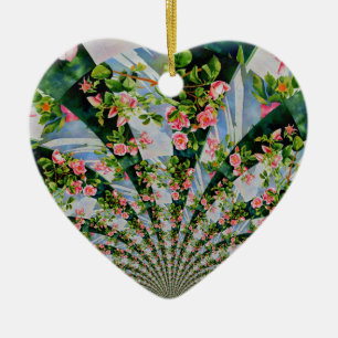 Vacker med rosa röd ros blommigt julgransprydnad keramik