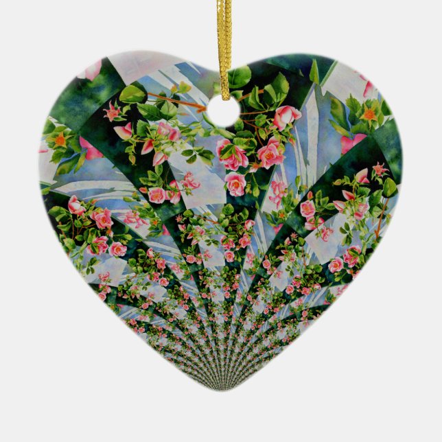 Vacker med rosa röd ros blommigt julgransprydnad keramik (Framsidan)