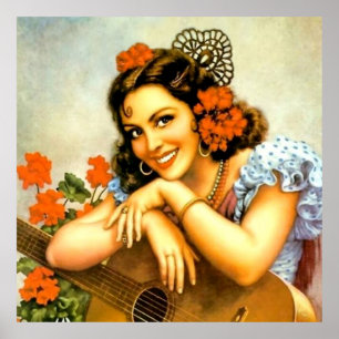 Vacker mexikansk kalenderflicka med gitarr  poster