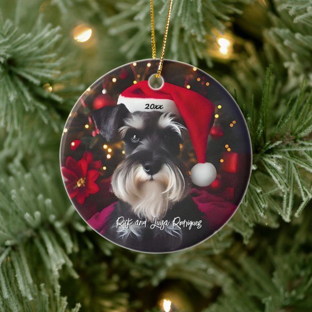 Vacker Miniature Schnauzer med tomtehatt Julgransprydnad Keramik (Träd)