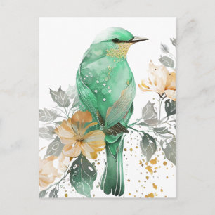 Vacker mintgrön och guldfågel och blommor vykort