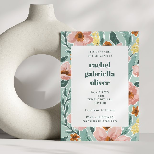 Vacker Mintgrön Salvia Rosa Blommig Bat Mitzvah Inbjudningar (Skapare uppladdad)