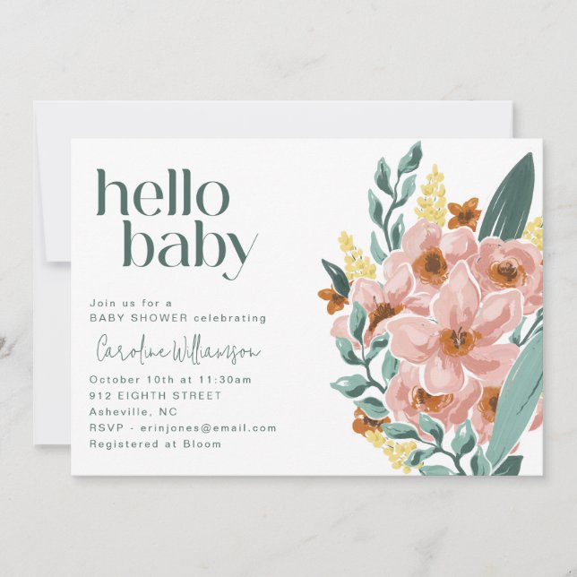 Vacker Mintgrön Salvia Rosa Blommig Hej Bebis Baby Inbjudningar (Framsida)