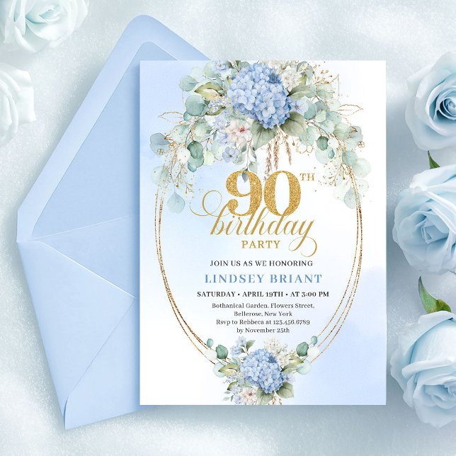 Vacker mjuk blå hortensia guld 90-årsdagskort inbjudningar (Pretty Soft Blue Hydrangea Gold 90th Birthday Card)
