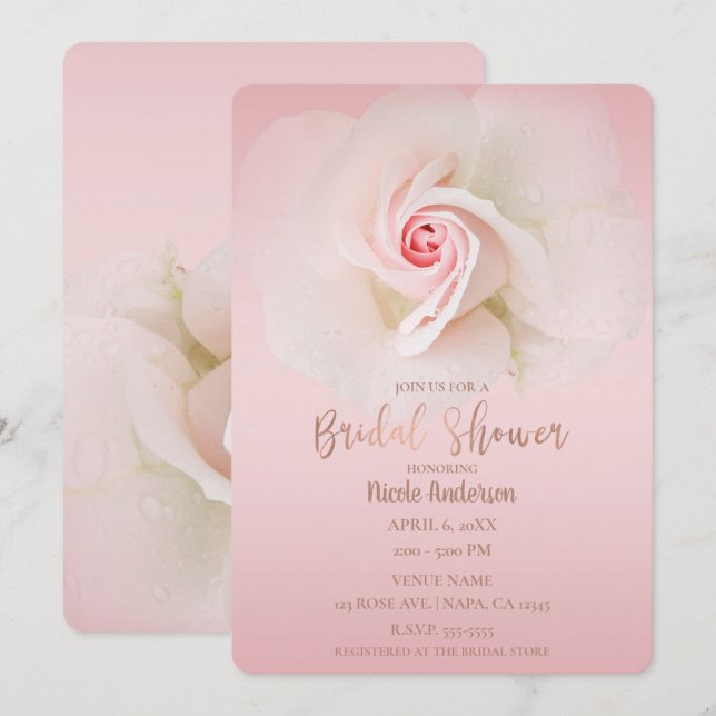 Vacker Mjuk Rosa Blöt Ros Elegant Bröllopsdusch Inbjudningar (Fram/baksida)