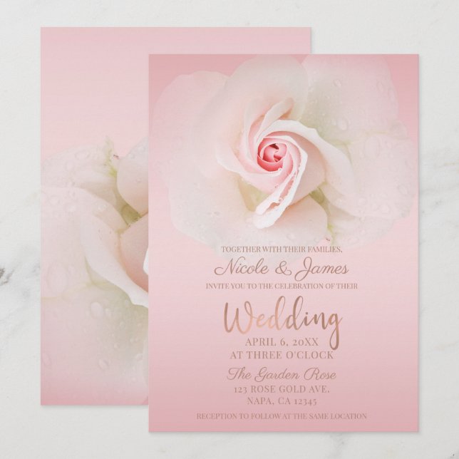 Vacker Mjuk Rosa Våt Ros Elegant Bröllop Inbjudningar (Fram/baksida)