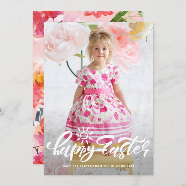 Vacker Modern Kalligrafi Glad Påsk Foto Julkort (Fram/baksida)