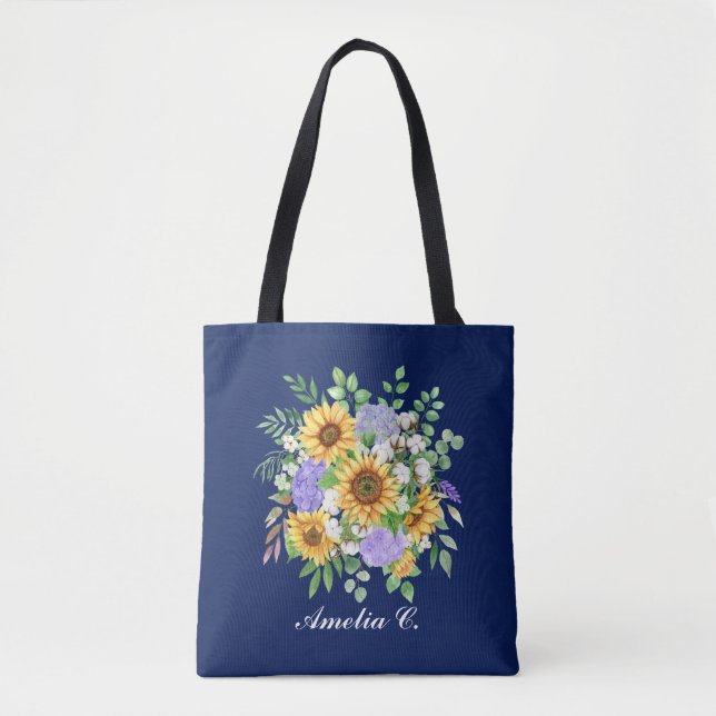 Vacker modern marin solros & vildblommor design tygkasse (Framsida)