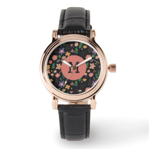 Vacker modern mörk blommig mönster monogram armbandsur