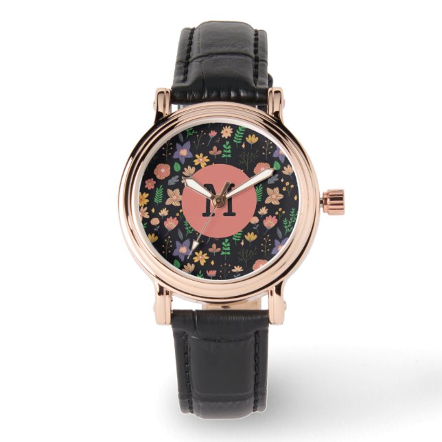 Vacker modern mörk blommig mönster monogram armbandsur (Framsida)