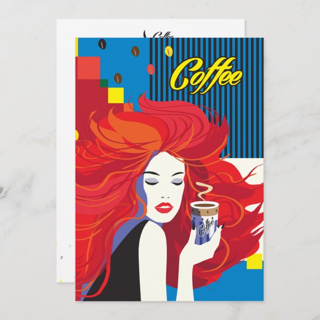 "Vacker modeskvinnas med kopp kaffe" Pop Art Inbjudningar (Fram/baksida)