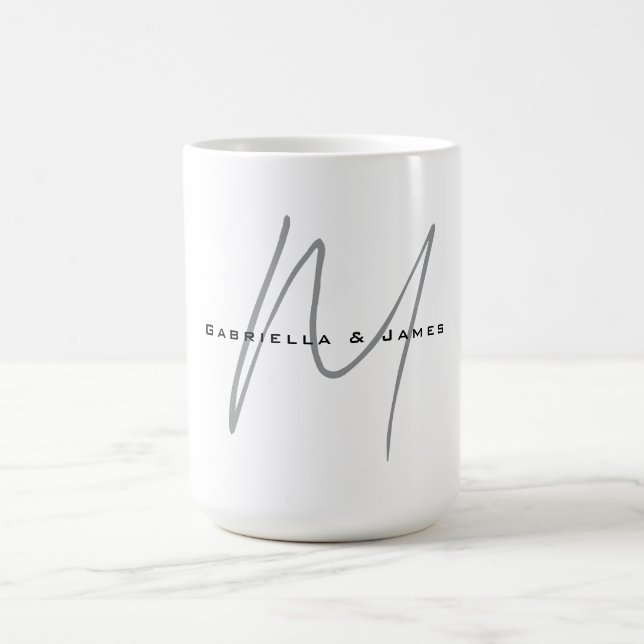 Vacker monogram svart vit grå kalligrafi kaffemugg (Center)