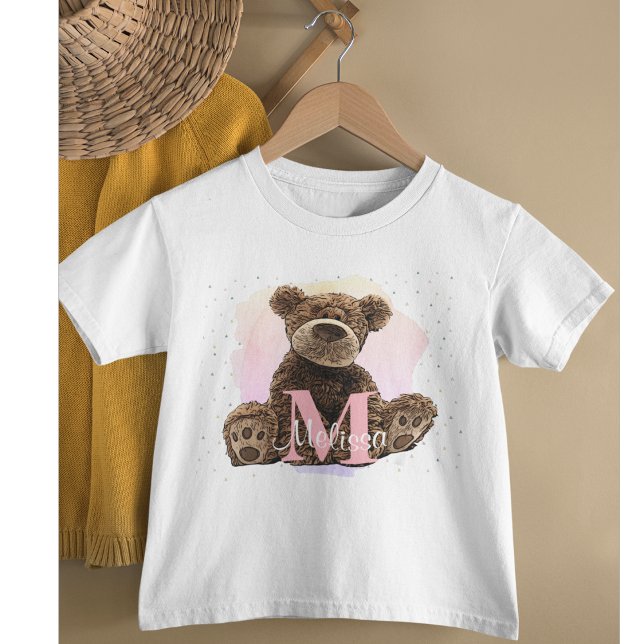 Vacker monogram vattenfärg Namn Barn Teddybjörn T Shirt (Skapare uppladdad)