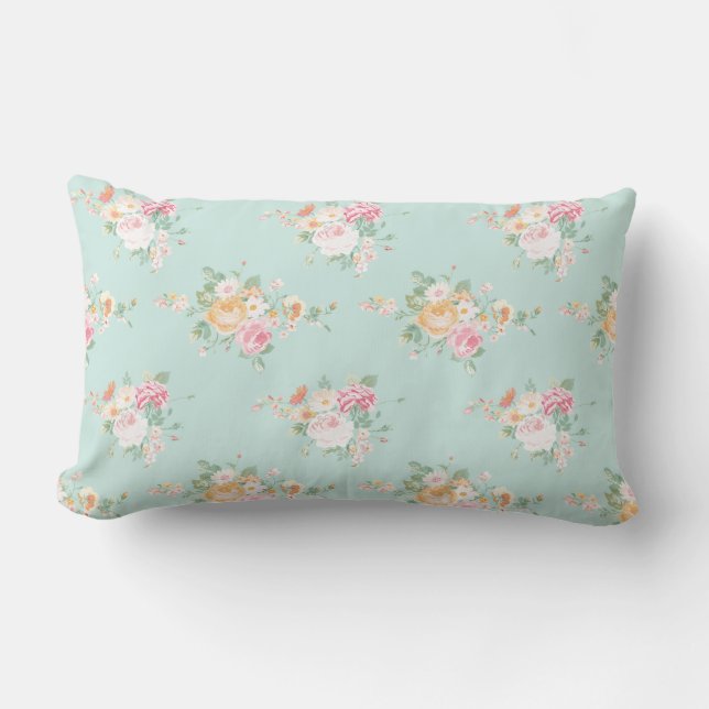 vacker, mynta, shabby chic, land, chic, blommigt, lumbarkudde (Framsida)