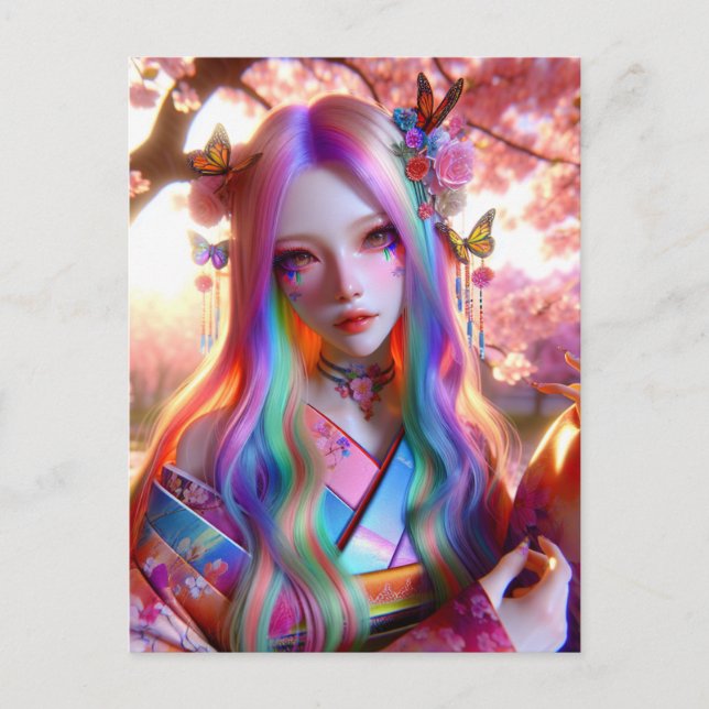 Vacker mystisk eterisk kvinna med fjärilar vykort (Framsida)