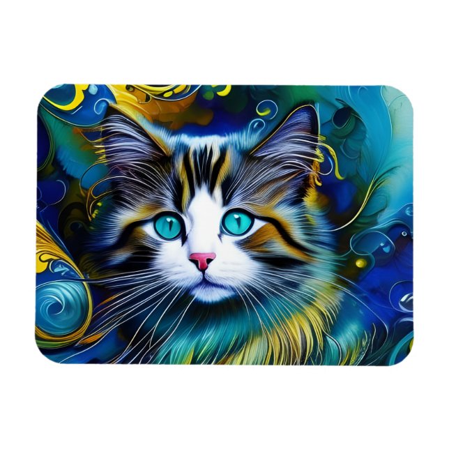 Vacker Mystisk Katt i Blått och Guld Magnet (Horisontell)