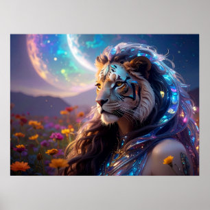 Vacker mytisk tigergudinna med Saturnus uppgång Poster