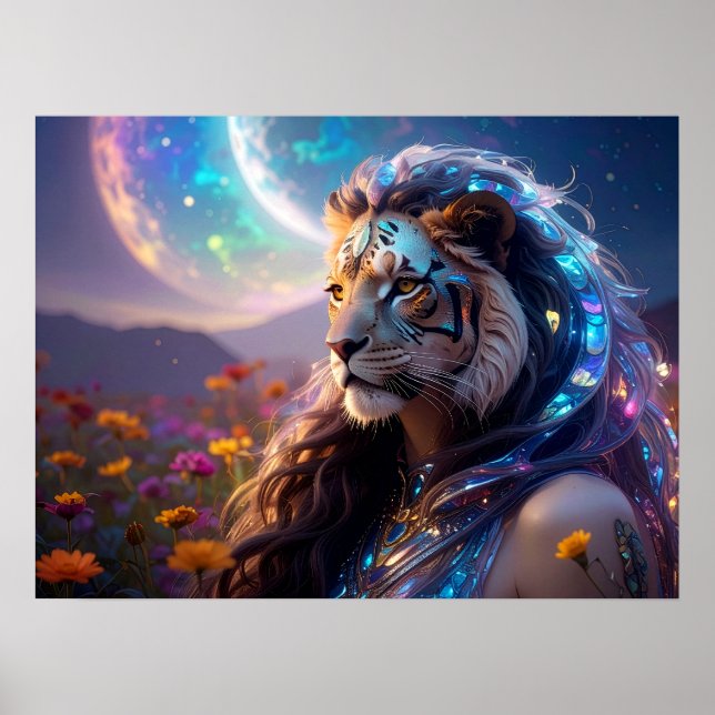 Vacker mytisk tigergudinna med Saturnus uppgång Poster (Framsidan)