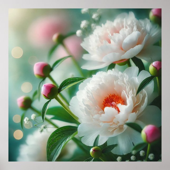 Vacker närbild av blommande vita peonior poster (Framsidan)