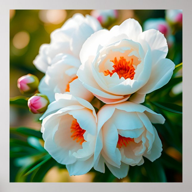 Vacker närbild av blommande vita peonior poster (Framsidan)
