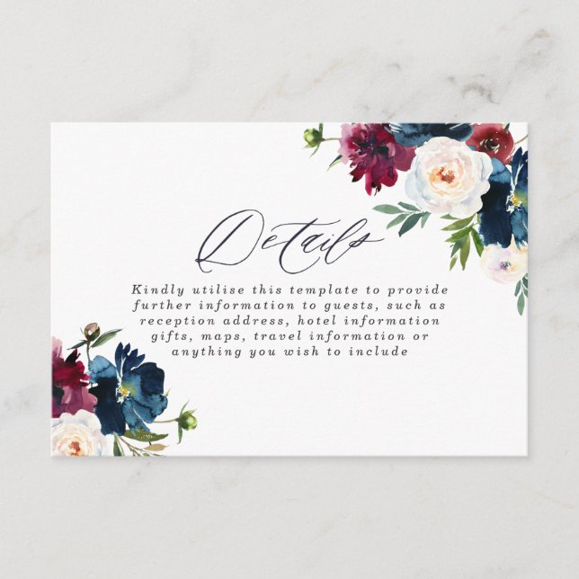 Vacker Navy Burgundy Röd Rosenskugga Blommig Bröll Tilläggskort (Framsida)