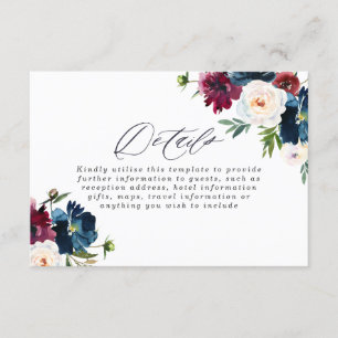 Vacker Navy Burgundy Röd Rosenskugga Blommig Bröll Tilläggskort