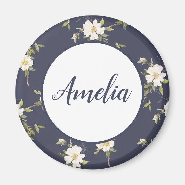 Vacker Navy och vit blomster personlig  Magnet (Framsidan)