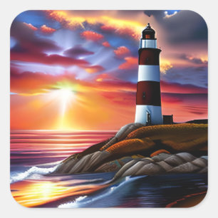 Vacker Ocean Sunset och Lighthouse Fyrkantigt Klistermärke