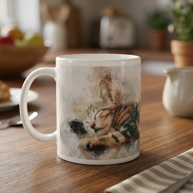 Vacker och söt kattunge som sover akvarell kaffemugg (Beautiful and cute kitten sleeping watercolor. coffee mug)