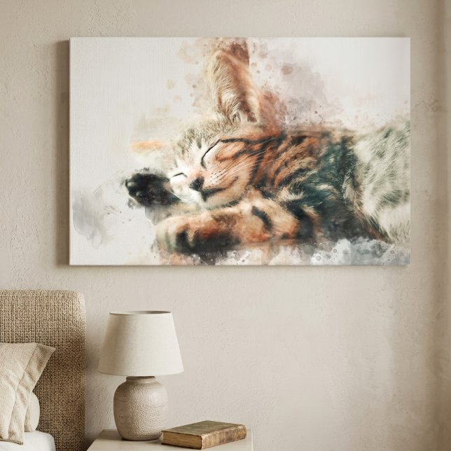 Vacker och söt sovande kattunge i akvarell canvastryck (Beautiful and cute kitten sleeping watercolor. canvas print)